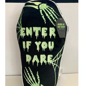 HALLOWEEN COFFIN SHAPE ENTER IF YOU DARE GLOW IN DARK THROW PILLOW 12" x 20" BLK